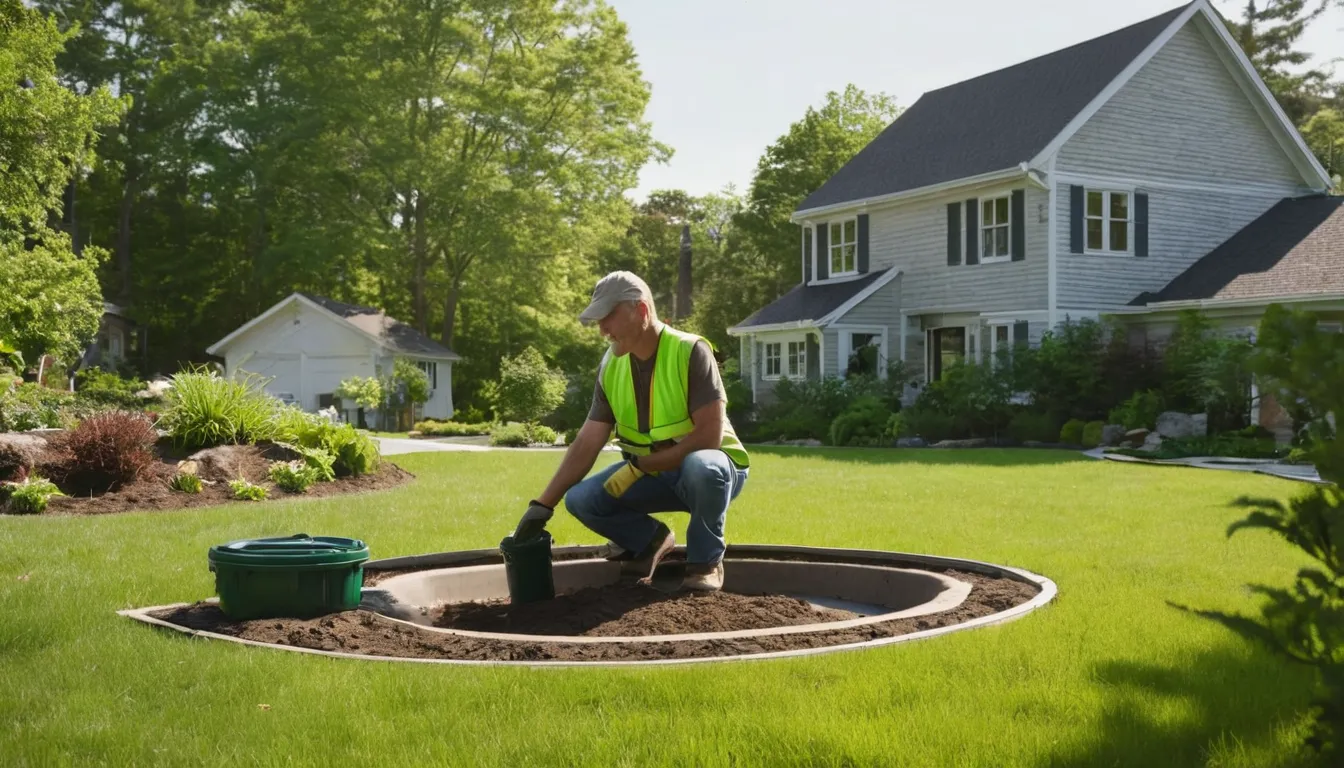 Provider inspecting a residential septic tank lid in a yard in the Bernardsville area