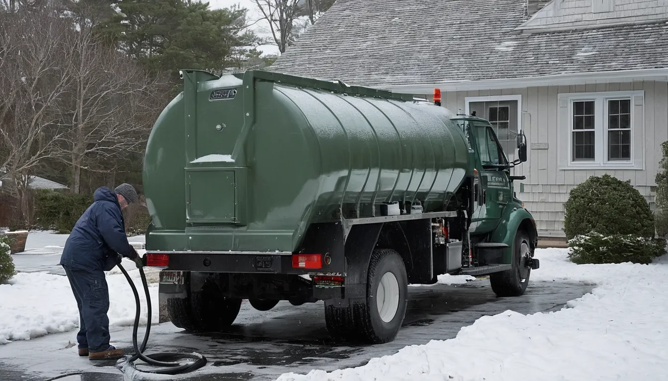 Septic tank pumping truck parked beside a snowy home near Bernardsville while a provider checks the tank lid